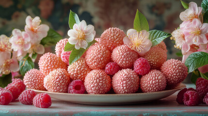 Poster - Playful arrangement of lychees and raspberries on a pastel table, emphasizing textural contrast,