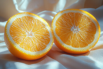 Fototapete - Pair of halved oranges displayed in a minimalist setting with a subtle shadow cast behind them,