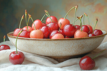Poster - A bowl of ripe cherries with stems, arranged on a textured linen cloth in soft, diffused daylight,
