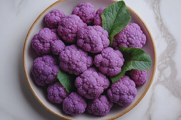 Poster - Overhead shot of vibrant purple cauliflower florets arranged on a matte white plate,