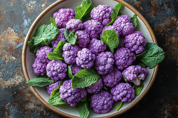 Poster - Overhead shot of vibrant purple cauliflower florets arranged on a matte white plate,