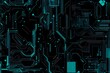 © Abstract - Abstract close-up of a glowing blue digital circuit board, showcasing intricate connections and technological design on a black background.