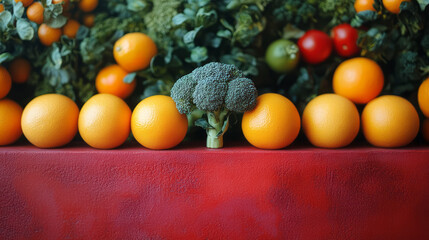 Poster - Minimalist composition featuring a single broccoli floret balanced on a contrasting color block,