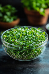Poster - Mixed microgreens in a transparent bowl, shot in bright natural light to highlight textures,