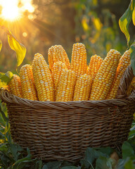Poster - A woven basket of golden corn cobs, photographed at golden hour in a cozy outdoor setting,