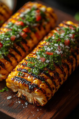 Poster - Grilled corn on the cob slathered with herb butter and sea salt on a rustic wooden board,