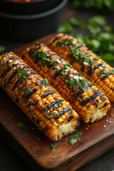 Poster - Grilled corn on the cob slathered with herb butter and sea salt on a rustic wooden board,