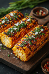 Poster - Grilled corn on the cob slathered with herb butter and sea salt on a rustic wooden board,