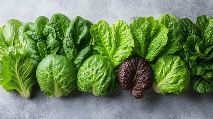 Poster - Minimal overhead shot of romaine lettuce leaves overlapping on a white background,