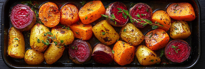 Poster - Assorted root vegetables--beets, carrots, parsnips--roasting in a pan with fresh herbs, photographed from above,