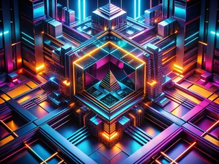 Wall Mural - abstract 3d architectural forms: vibrant shapes on dark background - stock photo