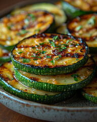 Poster - Grilled zucchini slices stacked neatly on a small plate, brushed with olive oil and garlic,