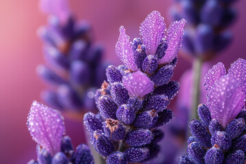 Poster - Macro shot of lavender buds with tiny dewdrops, focusing on the calming purple hue,