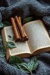 Fototapete - Cozy evening scene with cinnamon sticks, dried basil leaves, and an open mindfulness journal,