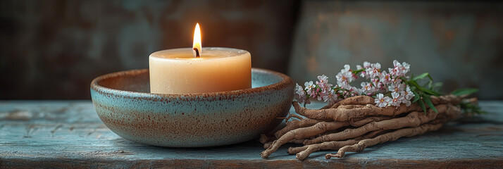 Leinwandbilder - Still life of valerian roots in a ceramic bowl beside a flickering candle, set against a muted backdrop,