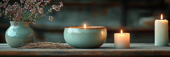 Leinwandbilder - Still life of valerian roots in a ceramic bowl beside a flickering candle, set against a muted backdrop,
