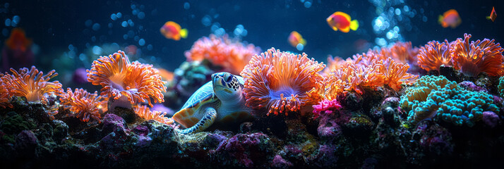 Canvas Print - Underwater perspective of a sea turtle swimming near a coral reef, turning its head to observe passing fish,