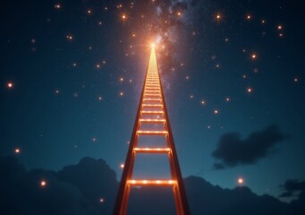 Wall Mural - Bright ladder reaching towards a starry sky at night amidst dark clouds