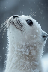 Canvas Print - Harp seal pup gazing up with large dark eyes, surrounded by a pristine snowy environment,