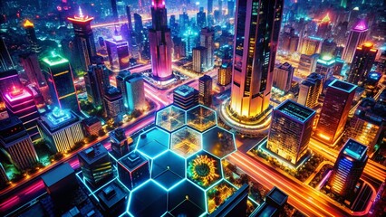 Wall Mural - abstract neon hexagon background: aerial view of futuristic cityscape