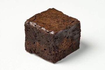 Wall Mural - A single dark chocolate brownie cube sits on a white background