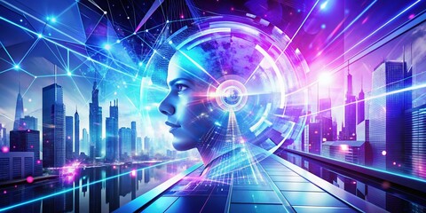 Wall Mural - abstract tech double exposure: white background with blue and purple geometric designs