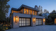 © AbdulHakim - Modern suburban house exterior at dusk with illuminated garage and upstairs windows