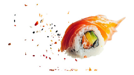 Fresh sushi roll with avocado and salmon served on a white background, capturing the vibrant colors and textures of Japanese cuisine.