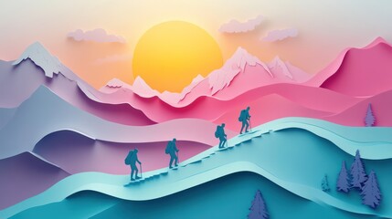 Sticker - Mountain Hike: Hikers climbing a scenic mountain trail with breathtaking views. paper cut Art Style 3d background 