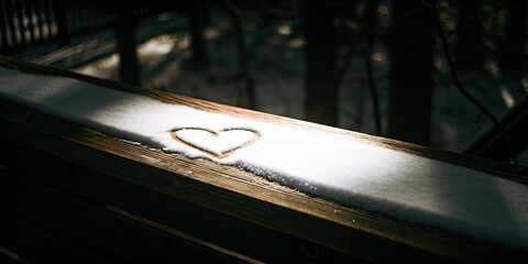 Poster - A wooden railing with a heart drawn in the snow