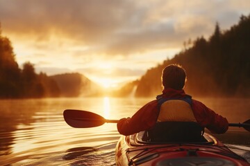 Canvas Print - Kayaker enjoying a peaceful sunset on a calm lake surrounded by trees and mist in the beautiful outdoors