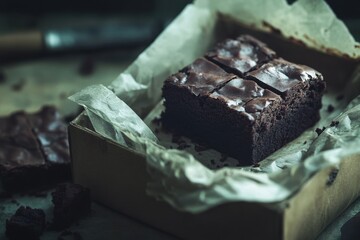 Wall Mural - Delicious Chocolate Brownie in Cardboard Box