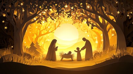 Poster - Nativity Scene: The Nativity scene with Mary, Joseph, and baby Jesus in a manger. paper cut Art Style 3d background 