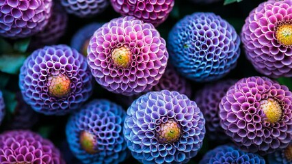 Wall Mural - Vibrant dahlia flowers in various shades of purple and blue bloom beautifully in a garden setting during midday sunlight