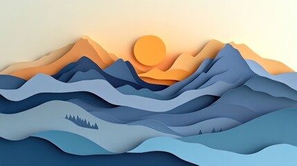 Wall Mural - Mountains art papercut background 3d nature paper art 3d