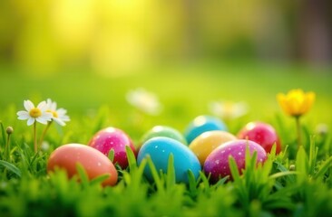 colorful Easter eggs scattered in green grass, daytime setting, overhead shot with vibrant close-up composition, soft natural sunlight illuminating the eggs, blurred background with spring flowers