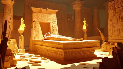 Wall Mural - Mummy's Tomb: An ancient tomb with a mummy emerging from its sarcophagus, surrounded by hieroglyphics and torches. paper cut Art Style 3d background