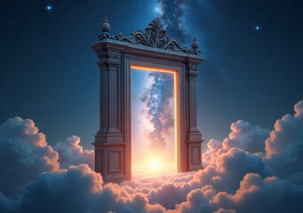 Wall Mural - Majestic doorway opening into a dreamy celestial landscape at sunset