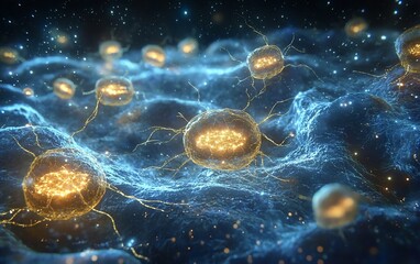 Wall Mural - microscopic view of glowing cells in a neural network.
