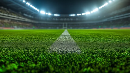 Wall Mural - A vibrant view of a stadium field, showcasing lush green grass and bright stadium lights, creating an inviting atmosphere for sports events.