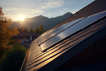 Wall Mural - Sunrise Over Roof with Solar Panels, Mountain Background, Autumn Leaves, Eco-Friendly Energy Generation in Nature's Beautiful Landscape