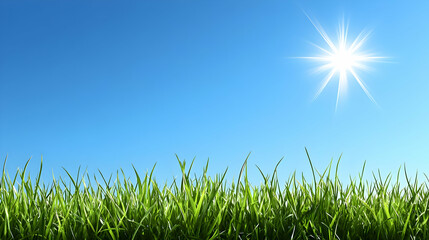 a vibrant green grass field under a clear blue sky with a bright sun shining.