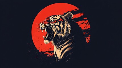 Wall Mural - A minimalist design of a tiger roaring under a glowing red moon