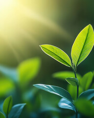 Wall Mural - subtle sunlight flare on softly focused green leaves, creating tranquil scene that emphasizes sustai