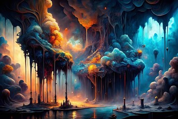 Wall Mural - amoled smoke dripping abstract: surreal black and dark blue digital art