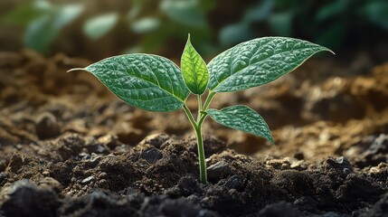 Wall Mural - Young plant seedling growing in rich dark soil.