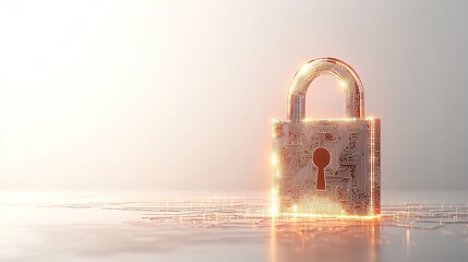Future technology, security and cyber protection concept with front view on padlock binary code printed on circuit surface and white background with place, advertising poster. 3D rendering, 8k image