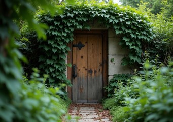 Wall Mural - Enchanted wooden door covered in green ivy set in a lush garden pathway