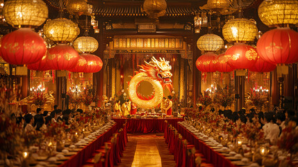 Elegant Decorations Featuring Red and Gold Chinese Lanterns and Golden Sculptures