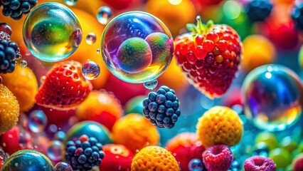 Wall Mural - bokeh burst: translucent fruit bubbles popping, vibrant macro photography